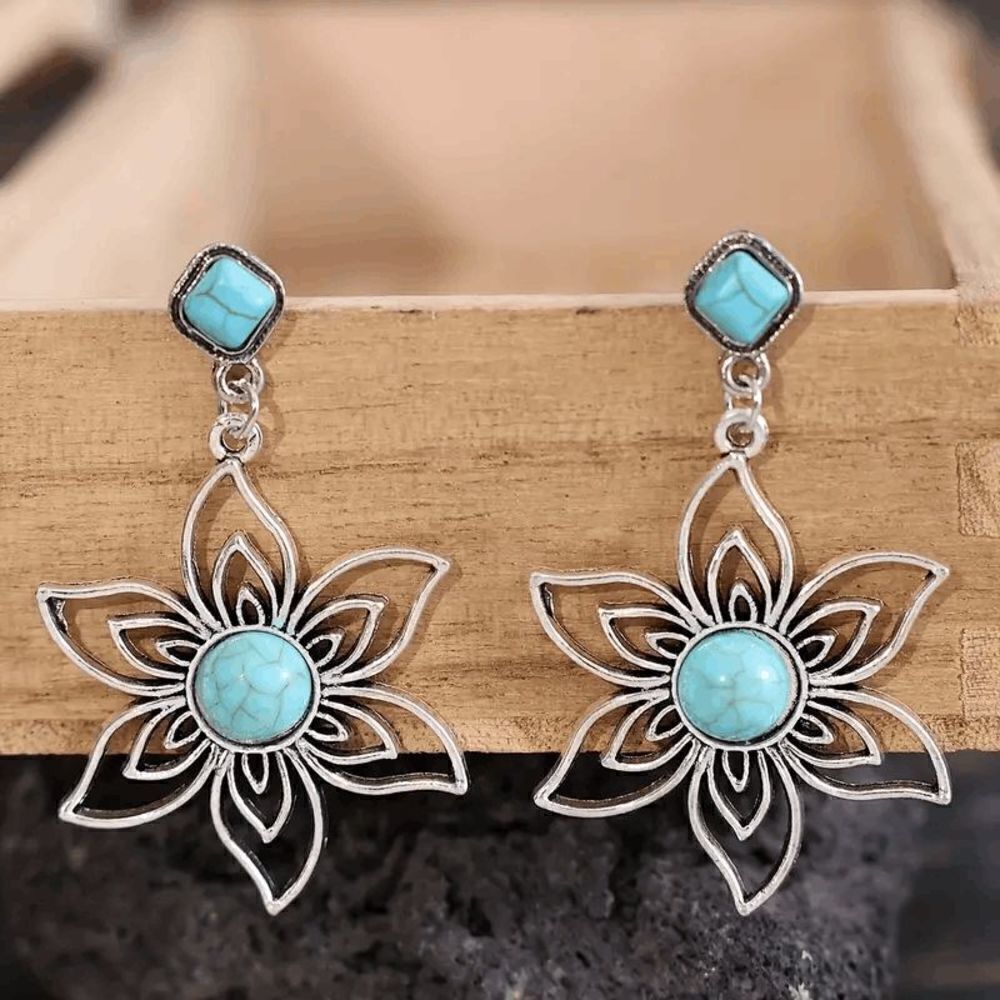 Western Lotus Silver Plated Turquoise Dangle Earrings